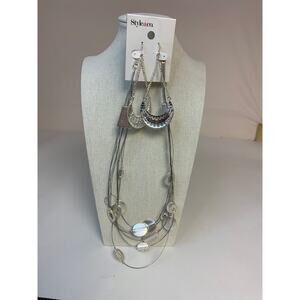 Style & Co Necklace & Earring Set Multi strands Bohemian Unique Silvertone